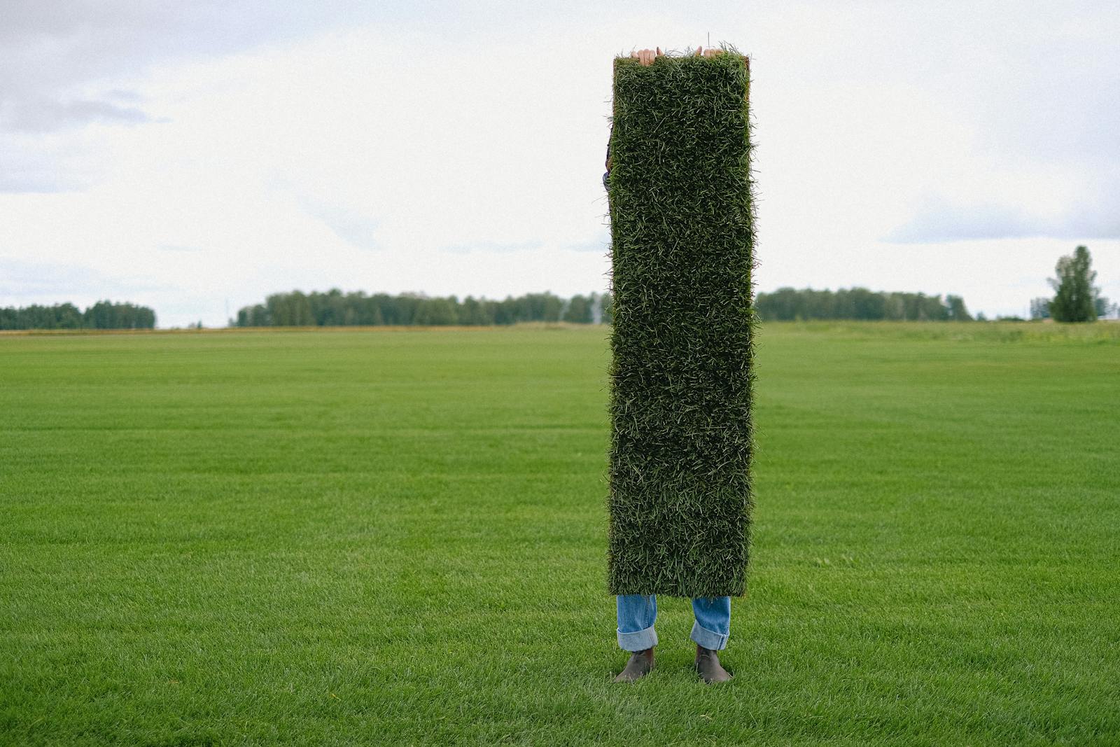 Fresh roll of green sod laid over prepped soil in a backyard.